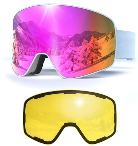 VCOROS Skibrille mit Wechselglas,YH212 Skibrille Magnetisch OTG für Unisex UV-Schutz Anti-Nebel Vollständig Plattiertes REVO Verstellbarer Rutschfester Riemen,Snowboard Brille (04-REVO Pink/White)