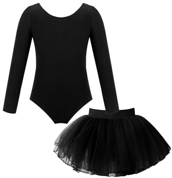 Hansber Ballerine Avec Jupe En Tulle Pour Enfants Robe De Ballerine Costume Manches Longues Body De Danse Col Rond Justaucorps Princesse Tutu Jupe De Danse Noir 11-12 ans