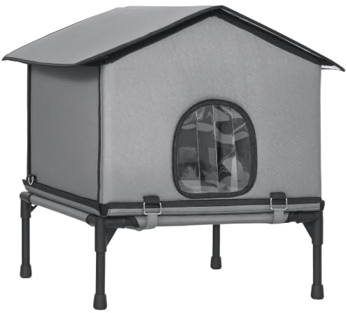 PawHut Katzenhaus im Freien, wasserdicht, isoliert, Katzenhütte mit erhöhtem Boden, Kissen, Faltbarer Feral Kitty Shelter für Indoor Outdoor Kätzchen, Grau
