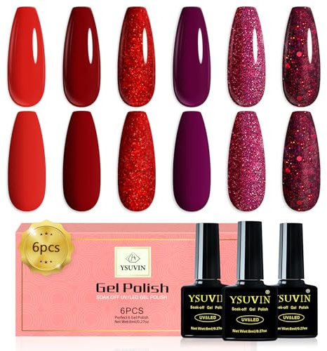 YSUVIN Smalto Semipermanente Unghie, 6 Colori Rosso Bordeaux Rosso Scuro Vintage Vino ‌Fucsia Glitter Smalto per Unghie Soak Off UV/LED DIY Manicure Kit Nail Art Salone, 8 ML
