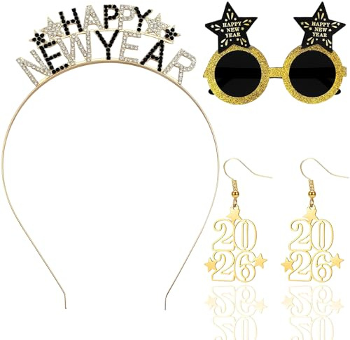 QITHGYD Silvester Deko 2026 3er Set Haarreif Brille Ohrringe Für Neujahr Party Silvester Deko Accessoires Happy New Year Foto Requisiten Fasching Kostüm Zubehör