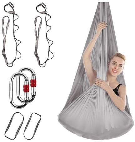 NDSJAIE Columpio Yoga Aereo Juego de hamacas for Yoga aérea 4M, Columpio Seda con Correas extensión y mosquetones, Fuerza Central Mejorada(Silver)