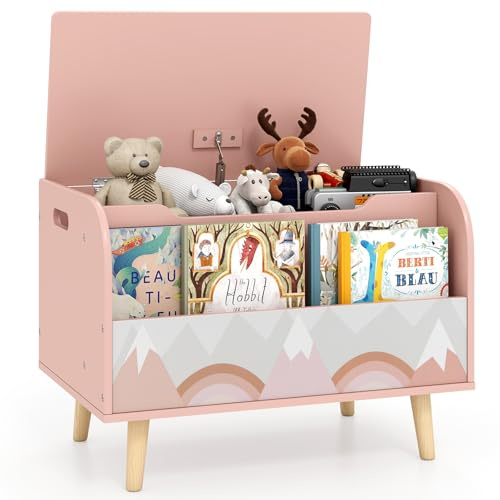 COSTWAY Wooden Toy Box, Kids Storage Chest with Flip-top Lid, Front Bookshelf, Multifunctional Children's Organizer Cabinet for Playroom Bedroom (Pink, 60 x 40 x 43cm)