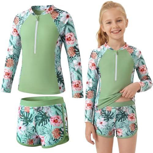 Baogaier Traje de Baño Niña 2 Piezas Manga Larga Protección Solar 7-8 Años