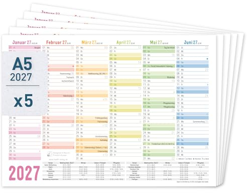 Häfft® 5 x Tafelkalender 2027 A5 quer Jahresplaner Wandkalender Rainbow | Aus 400g/m²-Karton, 1 Halbjahr pro Seite, Jahreskalender mit Feiertagen & Ferienübersicht für DE