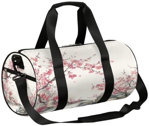 Ginfult Sac de sport avec bandoulière pour homme et femme Motif fleurs de cerisier rose à l'encre chinoise