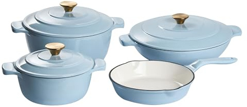 Set di pentole e padelle in ghisa smaltata da 7 pezzi, adatte al forno e tutti i tipi di piano cottura blu