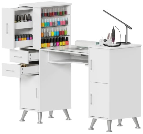 Nageltisch mit Staubabsaugung und Glasplatte, Manikürtisch mit 3 Schubladen, 3 Schränken, 4-Stufigem Glasdisplay, Handauflage und Staubsaugerbeuteln, Profi Nagelstudio Tisch für Maniküre, Weiß