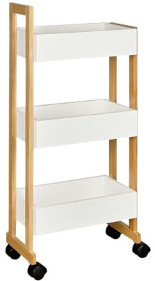 shelfmade Nischenregal Bambus - Küchenwagen schmal - Badregal Rollwagen - Küchenregal weiß, Nischenwagen mit 3 Körben - Holzregal, Badregal stehend