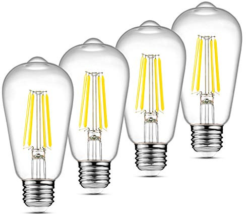 Ascher LED Edison Bulbs 6W, Equivalent 60W, High Brightness Cool White 4000K, 700 Lumens, ST58 Vintage LED Filament Bulbs with 80+ CRI, E26 Base, Non-Dimmable, Clear Glass, 4 Packs