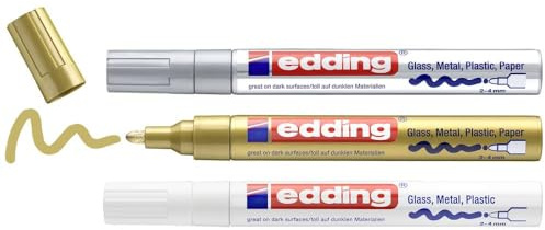 edding 750 glanslackmarkör – vit, guld, silver (metallic) – uppsättning med 3 färgmarkörer – rund spets 2–4 mm – färgpenna för glas, sten, trä, plast och papper – vattentät, starkt täckande