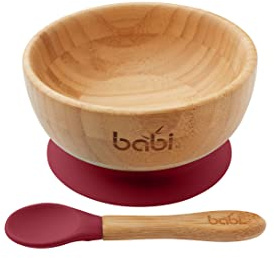 Babi® Große Schüssel und passender Löffel für Babys, Kleinkinder, natürlicher Bambus, mit Saugnapf, Kirschrot