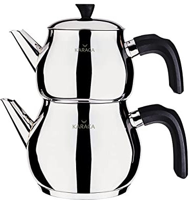 Karaca Kayra Tea Pot Set Black, Teapot: 1 Litre, Kettle 1.75 litres, 18/10 Stainless Steel, with Tea Sieve, 2 Years Warranty, Durable, Healthy, Metal, Suitable to Use On Induction Hobs