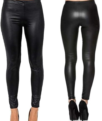 BODYWEAR LTD Women’s Black Wet Look PVC Leggings, High Rise, Elasticated Waist, Sexy Shiny Faux Leather Look, Comfortable Pull-On Style, Fashionable Stretchy Tights (Black, S-M)