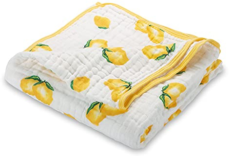 LollyBanks Muslin Baby Quilt, 100% Cotton Baby Blanket for Boys and Girls, Large 47 x 47 Inches Versatile Crib Blanket, 6 Layers Newborn Blanket, Durable Baby Bedding, Registry (Sunny Lemon Print)