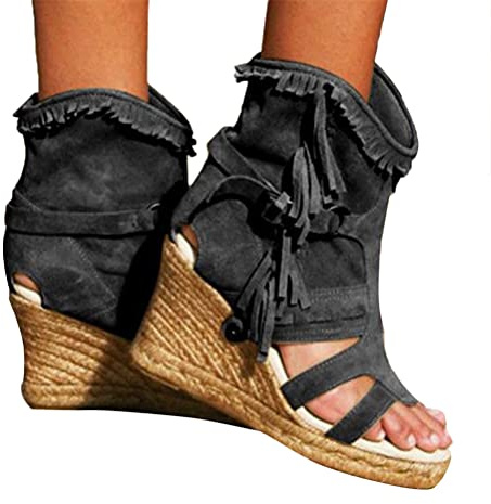 Minetom Sandalias con Borlas para Mujer Tacón De Cuña Sandalias Romanas De Gladiador Bohemio Sandalias De Verano Botines Zapatos De Playa A Negro 39 EU