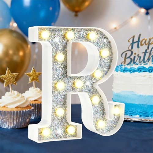 LED Marquee Letter Lights, Light Up Silver Letters for Bedroom Glitter Gifts for Teenage Girls Alphabet Letter Sign Battery Powered Night Light Birthday Party Wedding Home Decoration, Silver Letter R