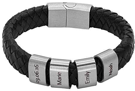 Heideman Armband Herren Titus Leder Edelstahl Gravur | Titus Herren-Lederarmband schwarz, silberne Gravurplatten, Edelstahl, personalisierbar, Magnetverschluss, Geschenk für Männer