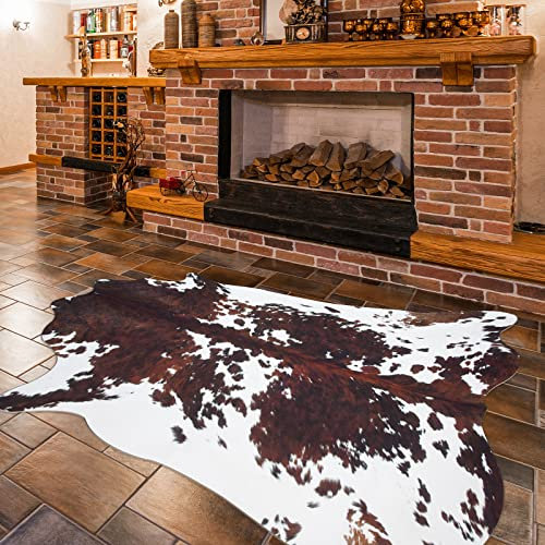 Guyi Rare Kuhfell-Teppich, 1,9 x 1,6 m, rustikaler schicker Western-Teppich für Schlafzimmer, Wohnzimmer, Esszimmer, brauner Tierteppich, Kuhdruck, rutschfest, Kuh-Motiv