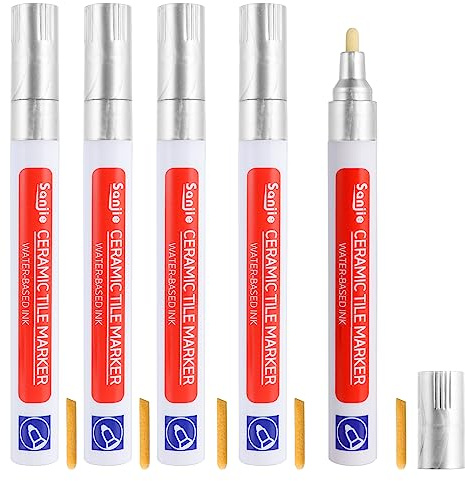 PEAKTOP Rotulador para juntas resistente al agua para azulejos, 5 puntas, con punta de repuesto, de secado rápido, para lechada, azulejos, pared, suelo, cocinas y baños, plateado