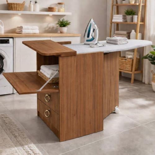Linea Azzurra Mobile con Asse da Stiro Pieghevole Mobile da Stiro in Legno Nobilitato Melaminico 89x57x44 cm con Cassetti Contenitori e Ruote Made in Italy