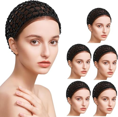 AUEAR, Mesh Crochet Hair Net Thick Short Snoods Cover Women Hairnet for Sleeping (6 Pack, Black)