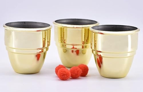 MOMOMAGE Trois tasses et balles en plastique pour tours de magie apparaissent/disparaissent - Accessoires de magie (doré, taille L)