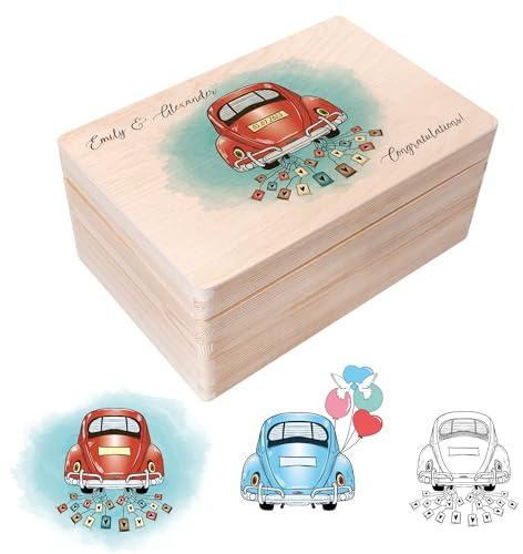 Creative Deco Geschenk zur Hochzeit | Erinnerungsbox Hochzeit | Personalisiert Geschenkkiste für Brautpaar JGA | Auto Hochzeit Motiv | Holzkiste mit Deckel | Farbdruck | 30 x 20 x 14 cm