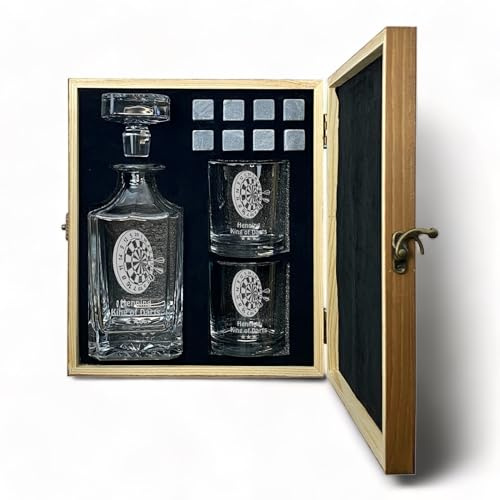 Whisky Set mit Gravur Dart personalisiert Karaffe 700 ml und Gläser verschiedene Motive Dartscheibe Dartspieler Geschenkbox (Motiv 2: Bull's Eye, Box mit 1 Karaffe, 2 Gläsern und 8 Whisky-Steinen)