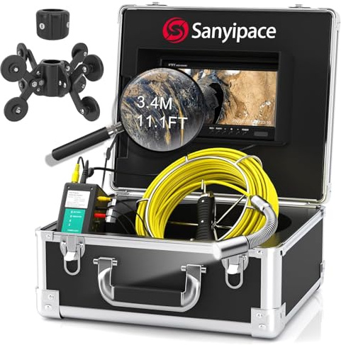 Sanyipace Sewer Camera, 9-inch LCD Monitor, Harder Coil Cable, IP68 Waterproof Drain Inspection Camera, Pipe Industrial Endoscope with Distance Counter, DVR Recorder & Adjustable Lights, 100FT/50M