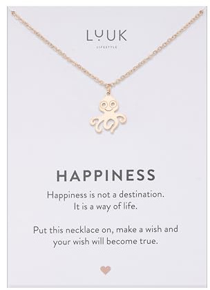 LUUK LIFESTYLE Filigrane Halsketten mit Anhänger und Karte mit HAPPINESS Spruch, zeitloses Design und moderne Motive, in Silber, Gold und Rosegold