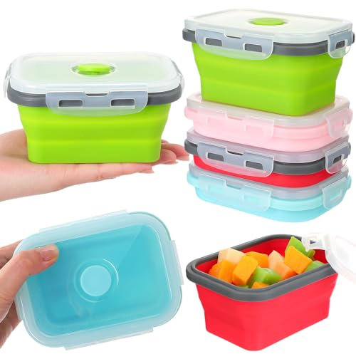 Potchen 4 Pcs Camping Bowls with Lids Collapsible Silicon Travel Bowls 12 oz Expandable Food Storage Containers Sets Portable Folding for Salad Travel Heat Resistant(Classic Color)