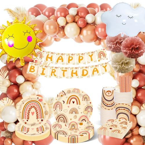 Boho Regenbogen Deko Geburtstag, Regen bogen Geburtstag Partygeschirr Set, Pappteller Set Mit Boho Regenbogen Luftballon Girlande für Geburtstagsdeko Mädchen-16 Gästes