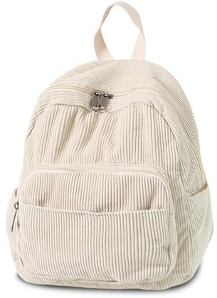 Boziee Klein Canvas/Cord Rucksack Damen Cityrucksack Rucksäcke Daypacks Rucksackhandtaschen Schulrucksack für Damen Mädchen Teenager Schule Travel Arbeit small size (Cord, Cream Weiss)
