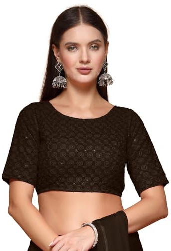 OOMPH! Zari Work Readymade brokad blus i etnisk stil med halva ärmar och rund hals, lämplig för sari, bengas eller plazzo för fusion, Grön (Mehendi), 40