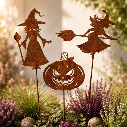 Terma Stahldesign Rostfigur Gartenstecker 3er Set Halloween Hexen mit Kürbis mit Spieß 40-45cm tolle gartendeko aus Rost-Metall, deko rostoptik, Rostfiguren Helloween Deko