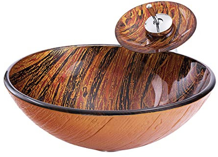 SnamicE Bathroom Vessel Sink Flames Tempered Glass Vessel Sink Bowl Round Counter Top Installation Bathroom Vessel Vanity Sink Art Basin with Brass Chrome Waterfall Faucet, Pop Up,