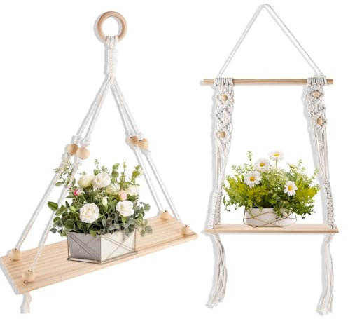 LDHHYH 2 Stück Regal Wand Boho, Handgewebtes hängeregal, Deko Makramee Wandregal Holz, Natürliches Treibholz für Wohnzimmer Schlafzimmer Badezimmer