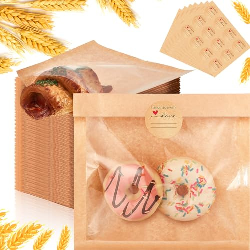 Outus 50 bolsas de panadería sellables térmicamente con ventana, resistentes a la grasa, bolsas de galletas de papel kraft con calcomanías de papel para embalar, dona, pan, galletas, sándwich horneado