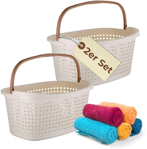 2er Set Wäschekorb mit Henkel 40 L Wäschewanne Wäschebox Wanne Wäschesammler Wäschekorb Plastik geflochten Design