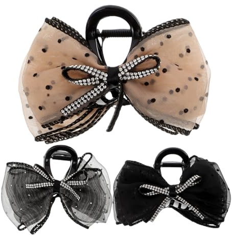 VALICLUD Eleganti Fermagli Per Chioma Fiocco e Strass, Set Da 3 Clip a Ganascia Grandi Assortite (nero, Grigio, Color Oro Chiaro) Rete, Pinze Per Chioma Da Donna Per Diverse Acconciature e Occasioni