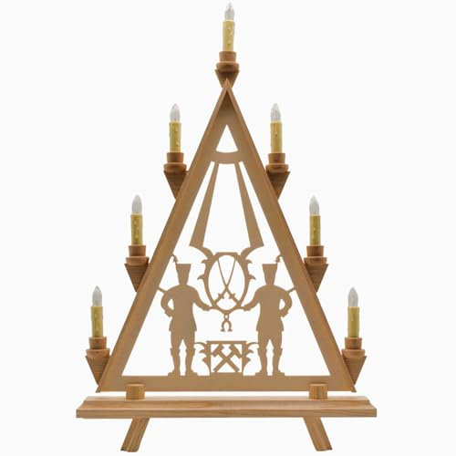Erzwelt - Lichterbogen DBR37 – Schwedenleuchter aus Holz – spitzer Schwibbogen mit 7 Kerzen – Original Erzgebirge Lichterspitze – Weihnachtsdeko – Motiv Erzgebirge – 58 x 37 x 5 cm