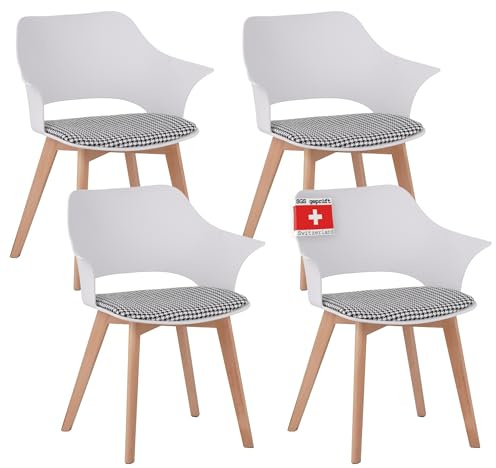 ALBATROS Esszimmerstühle 4er Set Aalborg, Weiss - Beine aus Buche Massiv-Holz, Skandinavisches Retro-Design, bequemer Schalenstuhl - Eleganter Küchenstuhl, Stuhl Esszimmer für Esstisch