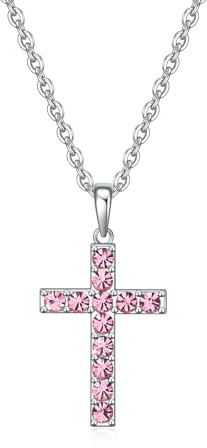 Nobbler Pink Cross Necklace for Women,First Communion Gifts Easter Baptism Cross Jewelry Pendant Gifts(October)
