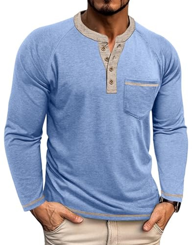 LAOARA T Shirt à Manches Longues Homme Henley Tee Shirt Ouvert Col Boutonné M-3XL