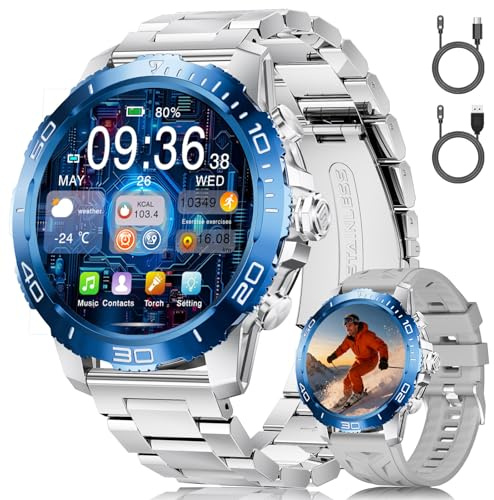 FITFLEX Herren Smartwatch mit Bluetooth-Anruf, 1,43 AMOLED Smart Watch Herren mit 120 Sportmodi, IP68, wasserdicht, Fitnessuhr mit Herzfrequenz/Schlafmonitor für Android
