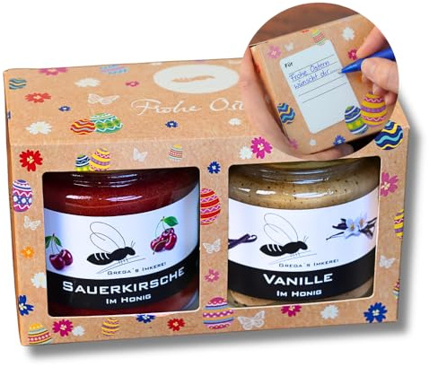 Honigsüßes Oster Geschenkset 2er Box mit Honig & mehr von Grega’s Imkerei | 2× 250 g Honigspezialitäten in „Frohe Ostern“ Box mit Grußfeld (Vanille & Sauerkirsche im Honig 250g)