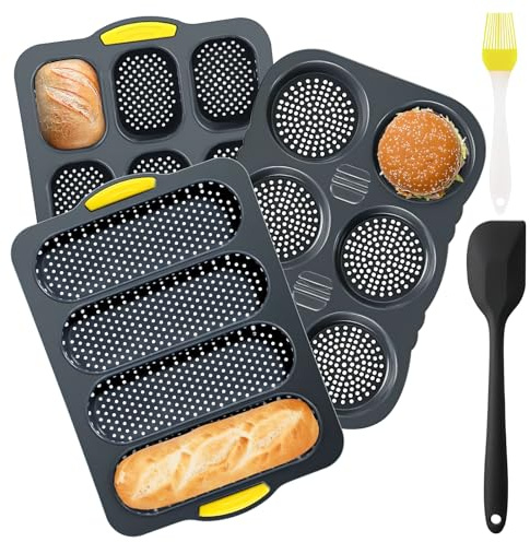 Lot de 5 Moules à Pain en Silicone Antiadhésif, 4/6/9 Cavités | Plaques à Baguette Perforées avec Brosse et Spatule, Accessoires Noirs pour Cuisson du Pain Maison et Pâtisserie