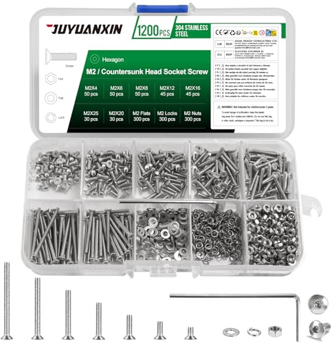 Juego de 1200 tornillos M2, acero inoxidable, tornillos de cabeza avellanada, juego de tuercas métricas, tornillos de cabeza plana hexagonales con tuercas, juegos con arandelas, surtido de tornillos