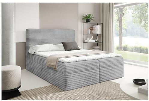MEBLINI Boxspringbett mit Bettkasten - 120x200 - H4/Grau Cordstoff - Talia - Gepolstert Doppelbett mit Matratze und Topper - Polsterbett mit Stauraum - Bett mit Kopfteil - Stauraumbett